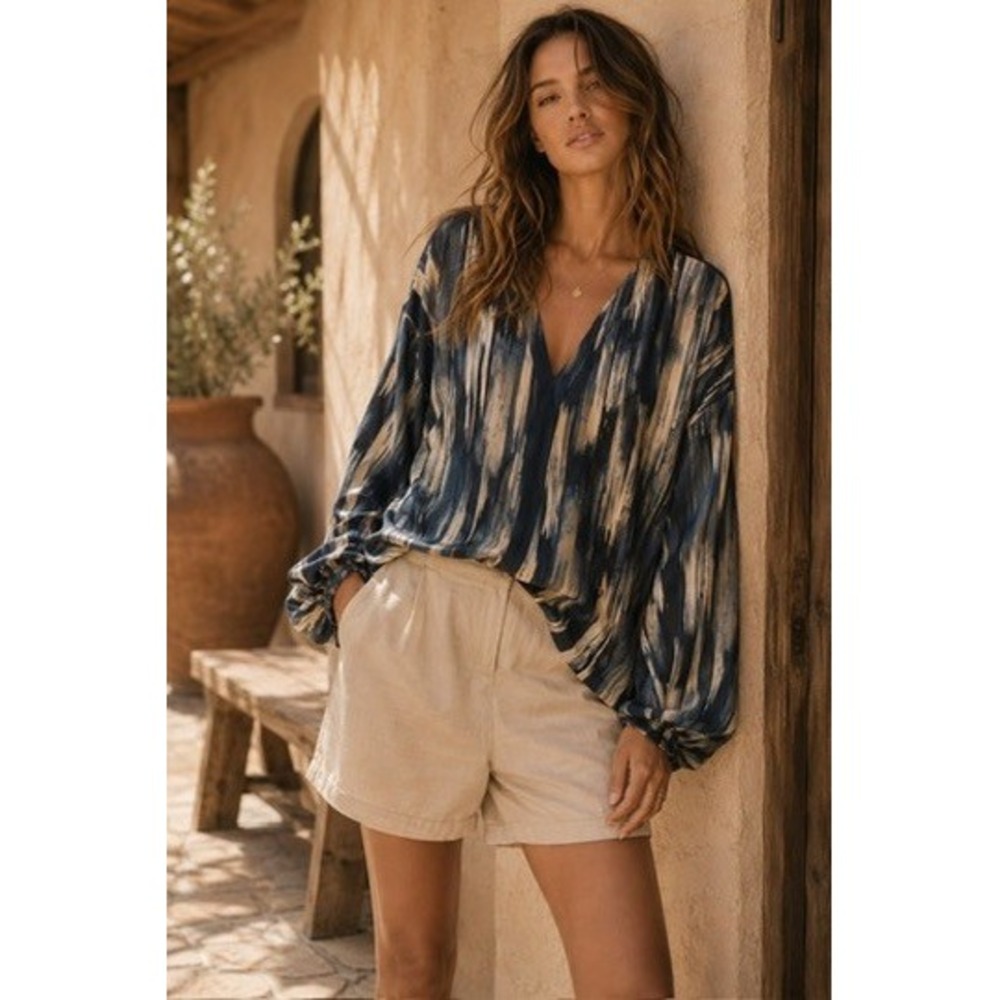 Nordstrom Womens Blue Abstract Brushstroke V-Neck Balloon Sleeve Blouse Large